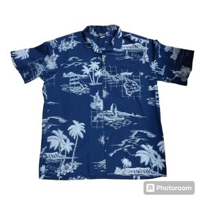 Royal Creations Men's Hawaiian Shirt Blue Island Map Sailboat Palm Tree L
